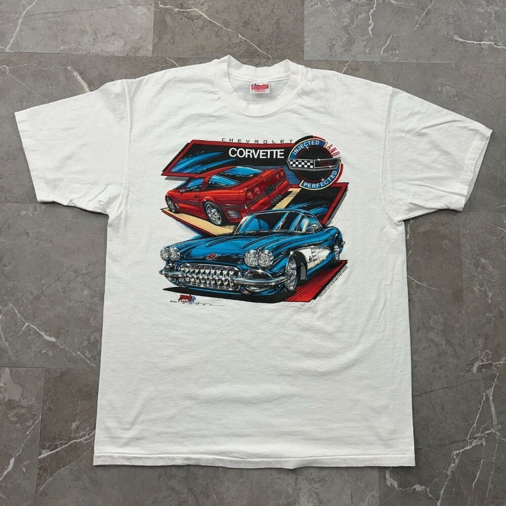 90s Vintage Corvette Graphic Tee‎ Mens XL Chevy Chevrolet Short Sleeve White